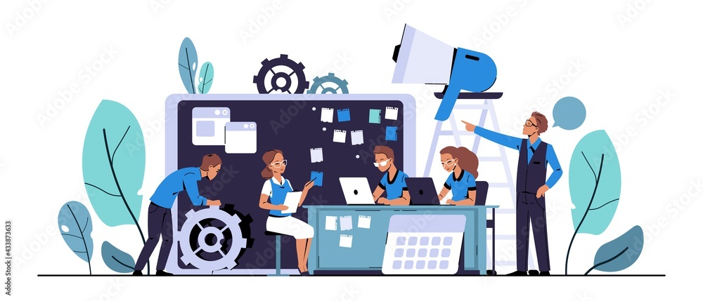 Aufkleber Scrum development. Agile board methodology. Characters planning business projects and tasks. Employees in office. Teamwork and brainstorming. Effective management. Vector Kanban method