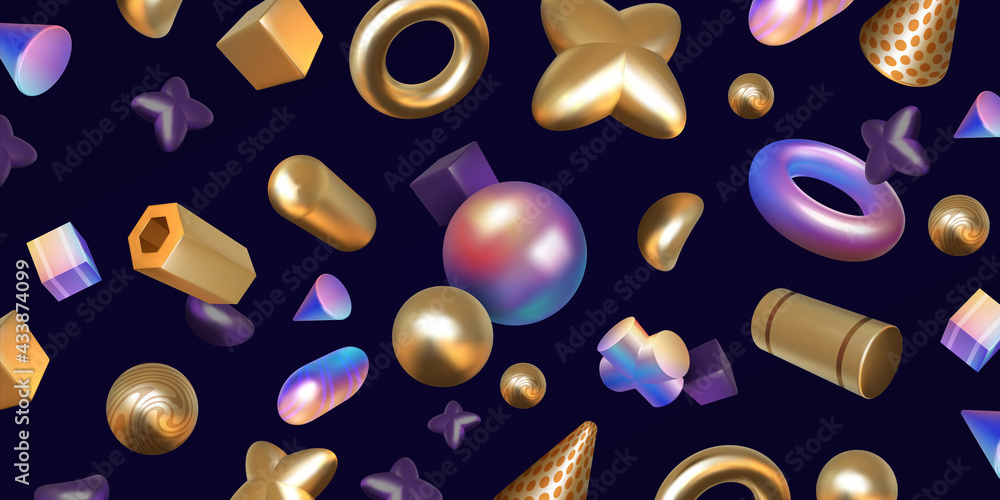 Fototapete Realistic abstract background. 3D render with holographic and metallic shapes. Trendy art iridescent elements. Geometric forms with color gradient. Vector golden and rainbow figures
