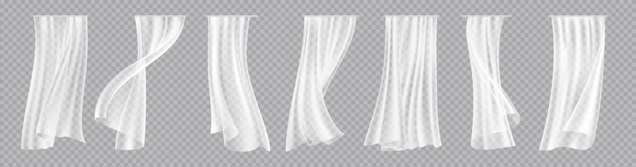 White curtain. Transparent interior silk fabric for windows. Realistic decorative drapery. Flowing drapes set. Hanging lightweight cloth with wind blow effect. Vector design accessories