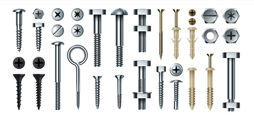 Bolt and screw. Realistic metal fasteners with nuts. 3D hardware assortment. Top and side view of different steel nail types. Tools for building and repairs. Vector self-tapping set