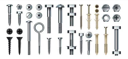 Fotobehang Bolt and screw. Realistic metal fasteners with nuts. 3D hardware assortment. Top and side view of different steel nail types. Tools for building and repairs. Vector self-tapping set © SpicyTruffel