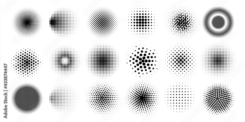 Poster halftone circles. abstract comic pop art graphic elements. dots shapes with shadow gradient effects.