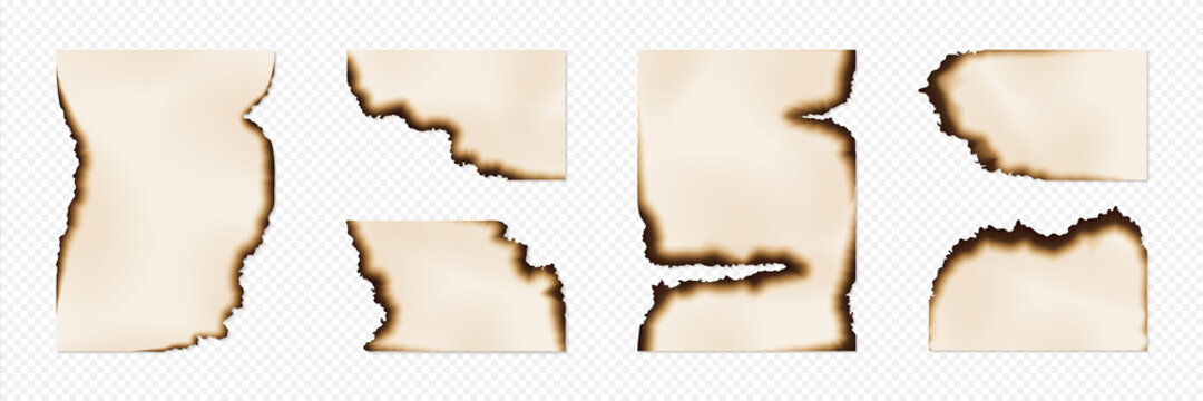 Burn paper. Realistic page corners and edges with brown ashes on transparent background. Fire-damaged documents set. Scorched borders of old pages. Vector empty notes with burnt effect