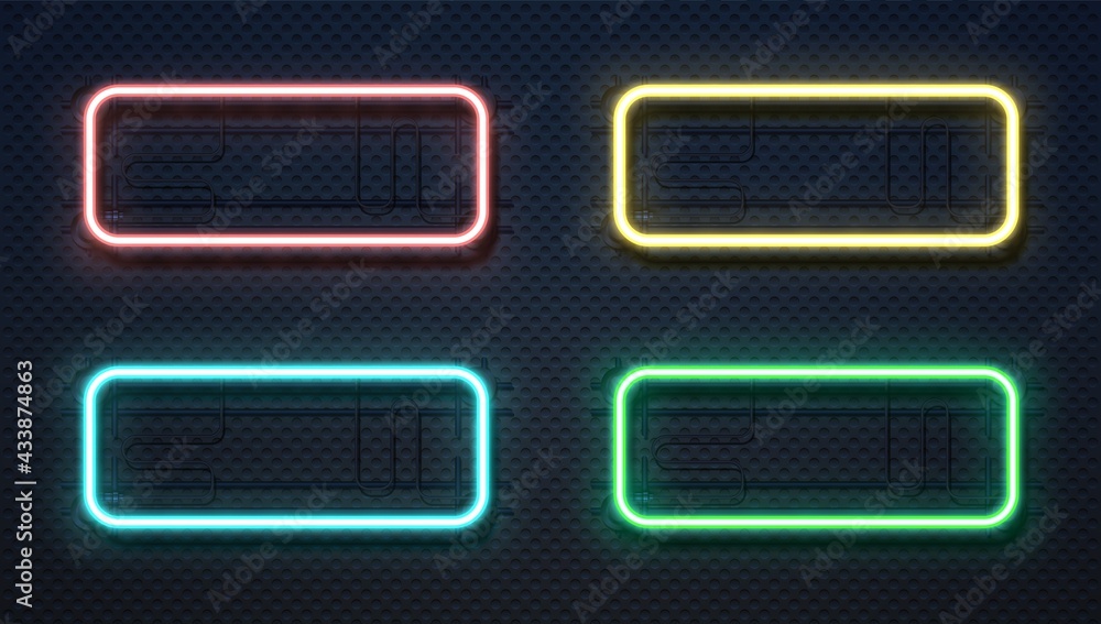 Poster Neon rectangle lamps. Realistic square glowing frames. 3D lighting signboard templates hang on wall. Isolated colorful geometric line borders set. Vector fluorescent banner elements