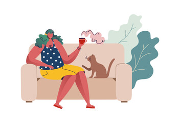 Woman drinking coffee. Cartoon girl holding tea cup. Steam rising from mug. Female sits on couch and plays with kitten. Character resting at home or in cafe. Vector leisure pastime