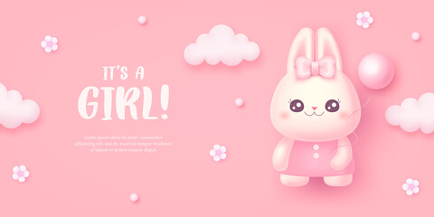 Baby shower invitation with cartoon rabbit, helium balloon, clouds and flowers on pink background. It's a girl. Vector illustration