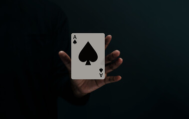 Ace Spade Playing Card. Player or Magician Levitating Poker Card on Hand. Front View. Closeup and...