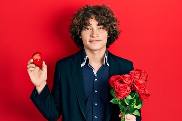 Handsome young man holding bouquet of flowers and engagement ring smiling with a happy and cool smile on face. showing teeth.