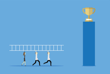 Business people help each other climb the ladder of success