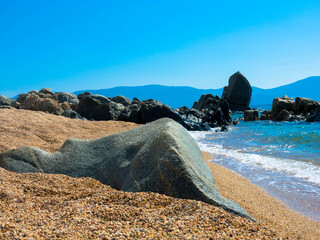 Panorama view of corsican beach with turquoise sea and rocks. Dreamlike sandy beach near Sagone Corsica