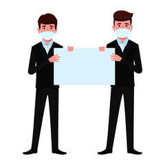 Cute young businessman and businesswoman characters team set wearing beautiful business outfit and facial fabric mask standing holding placard and waving