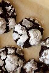 Homemade Chocolate Crinkle Cookies, top view. Flat lay, overhead, from above.