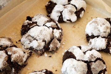 Homemade Chocolate Crinkle Cookies, side view. Close-up.