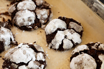 Homemade Chocolate Crinkle Cookies, low angle view. Close-up.