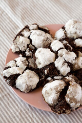 Homemade Chocolate Crinkle Cookies on a pink plate, side view.
