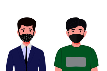 Cute young businessman characters wearing beautiful business outfit and facial fabric mask isolated