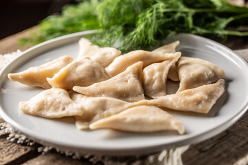 Freshly cooked pierogi or vareniki dumplings with filling but without a topping served on a plate
