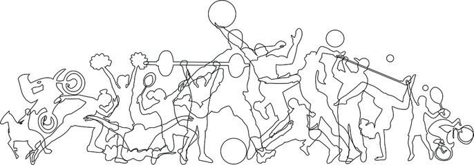 Fototapeta na wymiar Line drawing of Sports Background. Running, Football, Basketball, Cheerleader, Taekwondo, Volleyball, Badminton, Golf, Tennis, Weightlifting, Yoga, Racing, Bicycle, Swimming. Vector illustration.