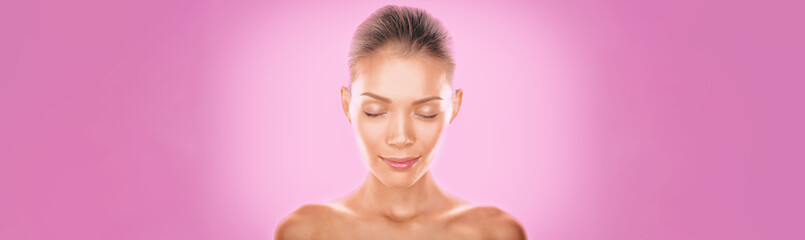 Natural Asian beauty woman model zen with closed eyes meditating calm on pink background. Young girl with slight smile pensive relaxing. Skincare clear dewy skin concept panoramic banner. - Powered by Adobe
