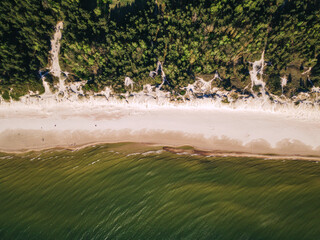 Aerial view  - sea - beach and forest. Three layers of nature. Waves - sand - pines trees. 