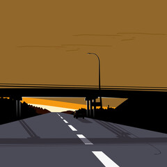A car on the road, a bridge across the road. Vector illustration.