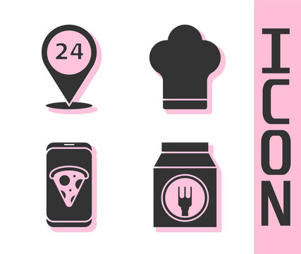 Set Online ordering and delivery, Round the clock delivery, Food ordering pizza and Chef hat icon. Vector