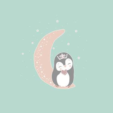 penguin on the moon. Childrens illustration Vector illustration