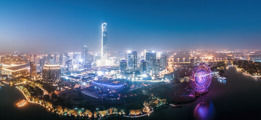 Aerial photography of Suzhou Jinji Lake CBD urban architecture night view