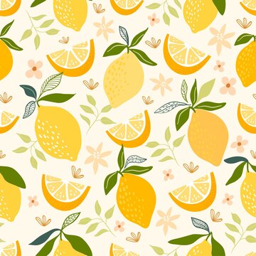 Decorative seamless pattern with lemons and leaves