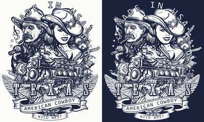 Texas slogan. USA history concept. Wild West art. Cowboy girl sheriff, steam train, American eagle and gold digger. Guns, money and playing cards. Template for clothes, poster, t-shirt design