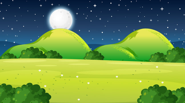 Blank meadow landscape scene at night time