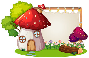 Blank banner in the garden with mushroom house isolated