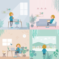 部屋でくつろぐパーカーを着た女性のセット