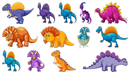 Fototapeta premium Different dinosaurs cartoon character and fantasy dragons isolated