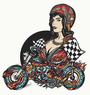 Biker girl and burning motorcycle. Pin up rider sport woman.Old school tattoo vector art. Hand drawn cartoon character set. Isolated on white. Traditional tattooing style