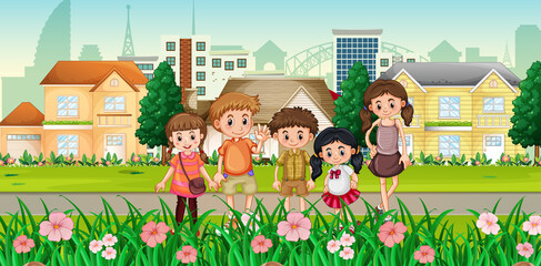 Many children standing with city background