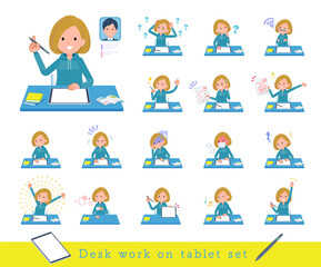 タブレット端末で学習するパーカーを着た女性のセット