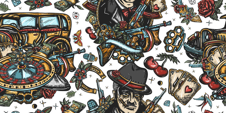 Gangsters pattern. Criminal, old noir movie background. Retro crime seamless background. Boss plays saxophone, bandits weapons, retro car, casino, robbers. Traditional tattooing style