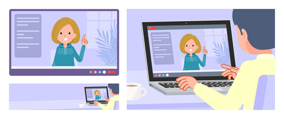 ビデオチャットをしているパーカーを着た女性のセット