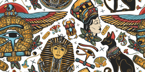 Ancient Egypt seamless pattern. Egyptian civilization background. Golden pharaoh, eagle, black cats, queen Cleopatra, eye Horus. History art. Old school tattoo style