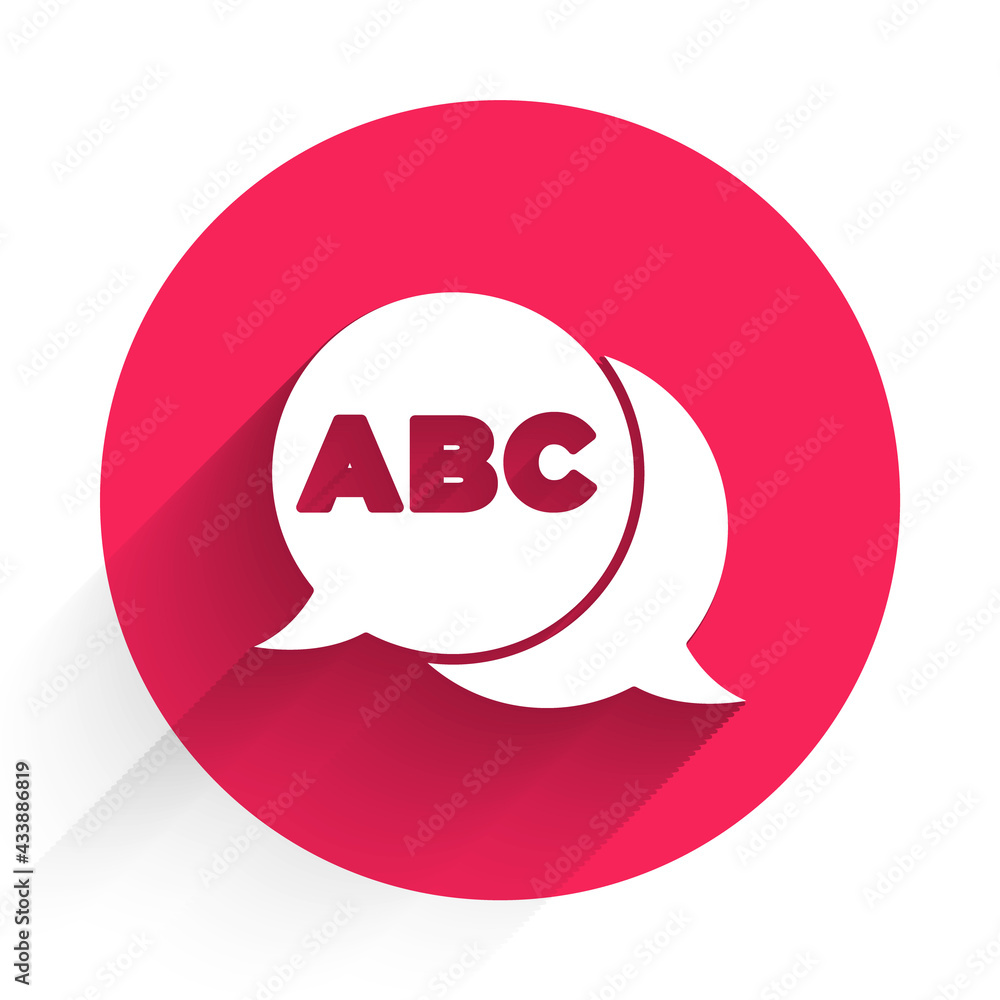 Poster white alphabet icon isolated with long shadow. red circle button. vector