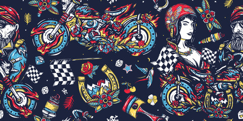 Bikers lifestyle seamless pattern. Old school tattoo style. Bearded biker man, burning chopper motorcycle, rider moto sport woman. Pin up girl, spark plug. Racers background