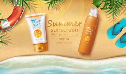 Vector summer sunscreen protection banner with sunscreen bottles on the sand  with sunbeams and tropical leaves and slippers. 
