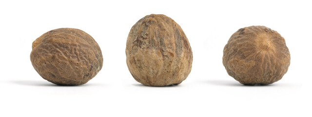 Closeup group set of nutmeg isolated on a white background