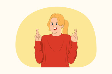 Young woman keeping fingers crossed, making wish concept
