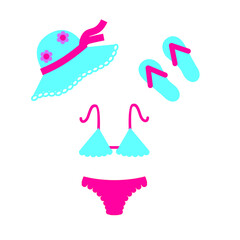 swimsuit, hat, flip flops flat illustration on white background