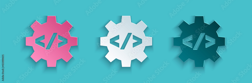 Poster paper cut web design and front end development icon isolated on blue background. paper art style. ve