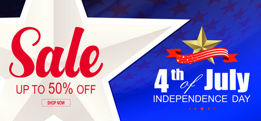 Solemn blue illustration with an element of the flag of America, silhouette of a big white star, a component of the design