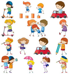 Set of different doodle kids cartoon character isolated