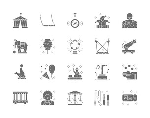 Set of Circus Grey Icons. Clown, Swing, Jester Hat, Elephant, Juggler and more.